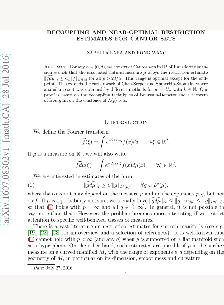 First page of Decoupling and near-optimal restriction estimates for Cantor sets