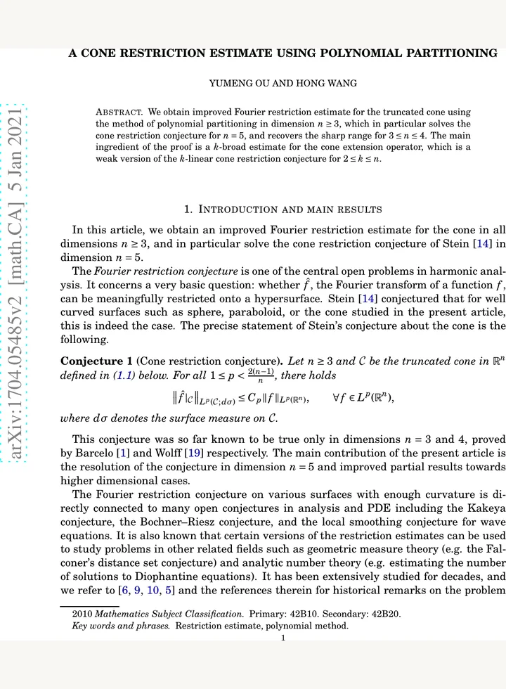 First page of A cone restriction estimate using polynomial partitioning