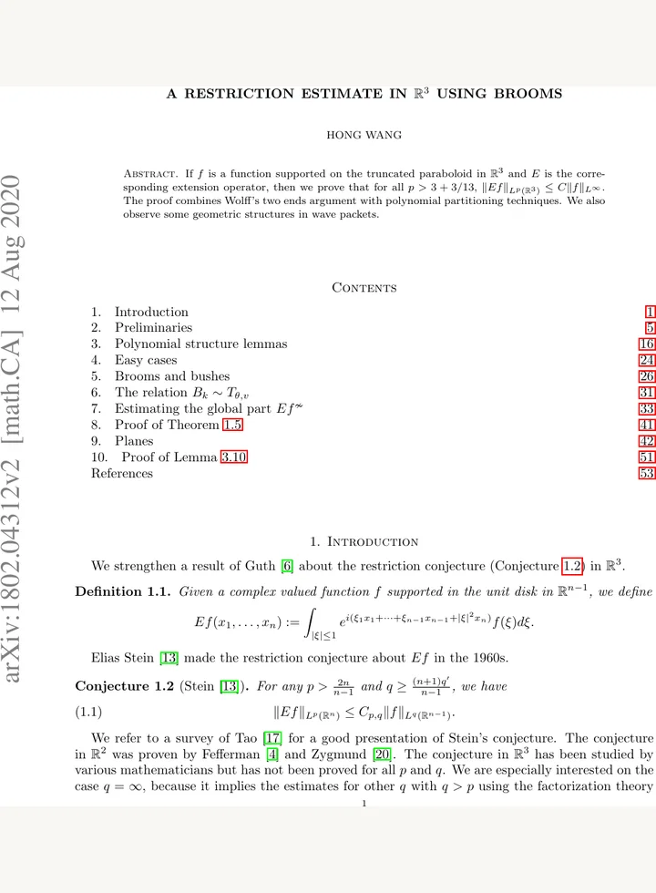 First page of A restriction estimate in R³ using brooms
