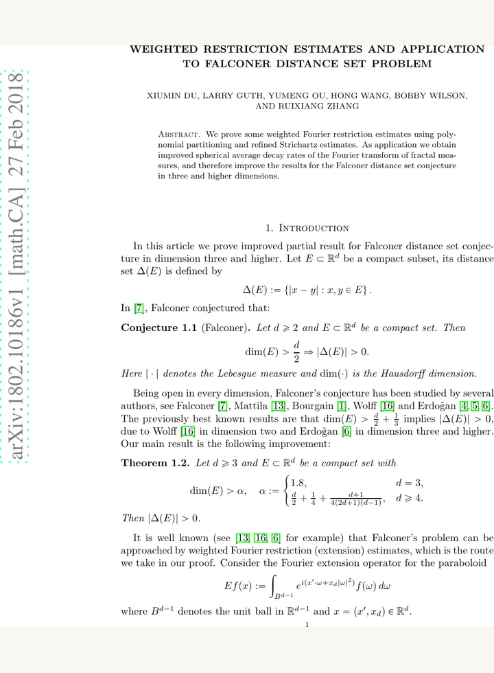 First page of Weighted restriction estimates and application to Falconer distance set problem