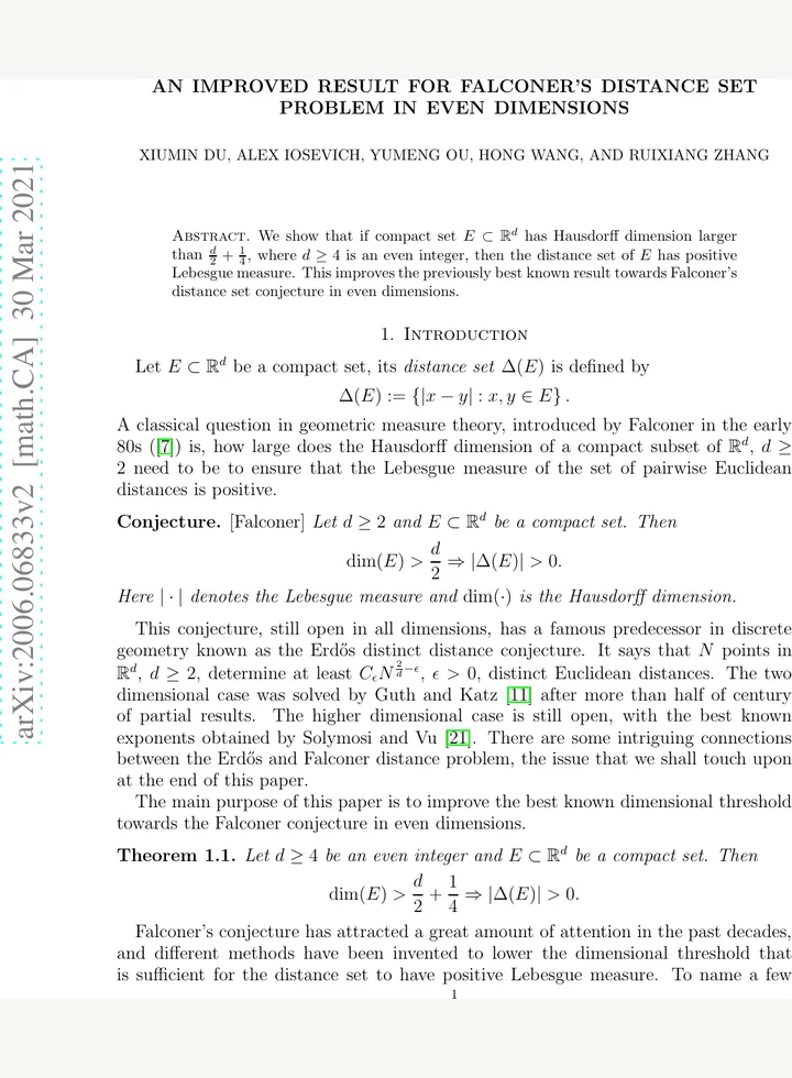 First page of An improved result for Falconer's distance set problem in even dimensions
