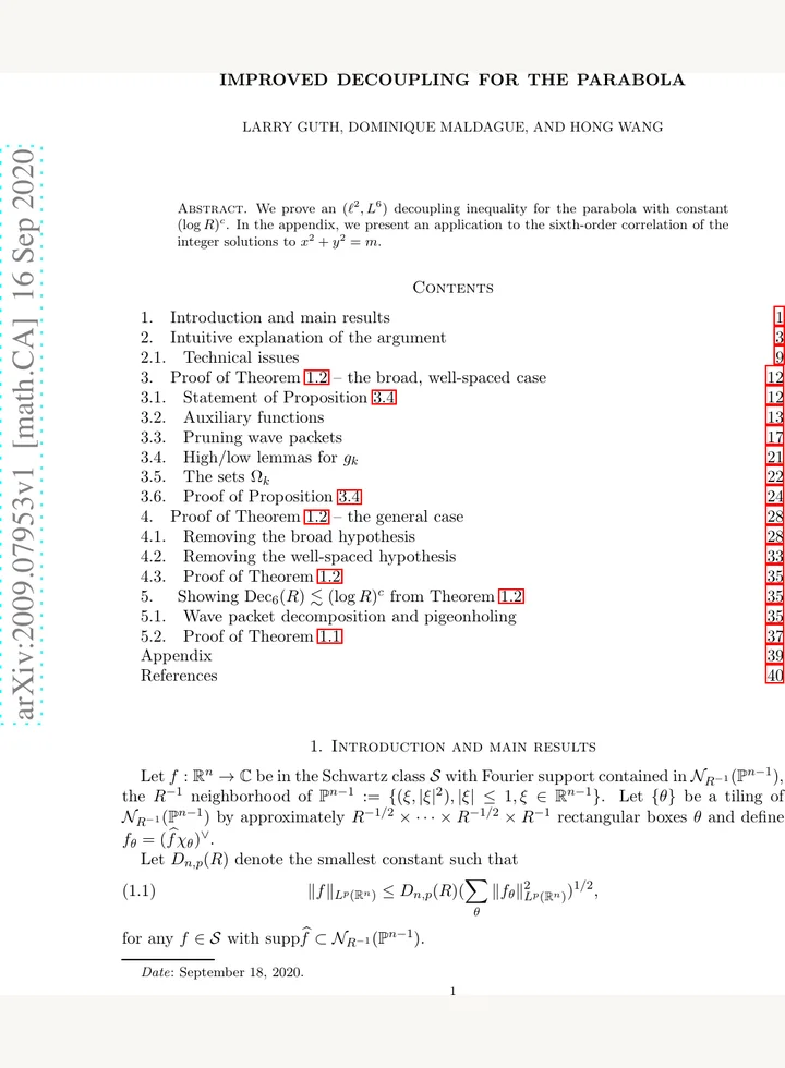 First page of Improved decoupling for the parabola