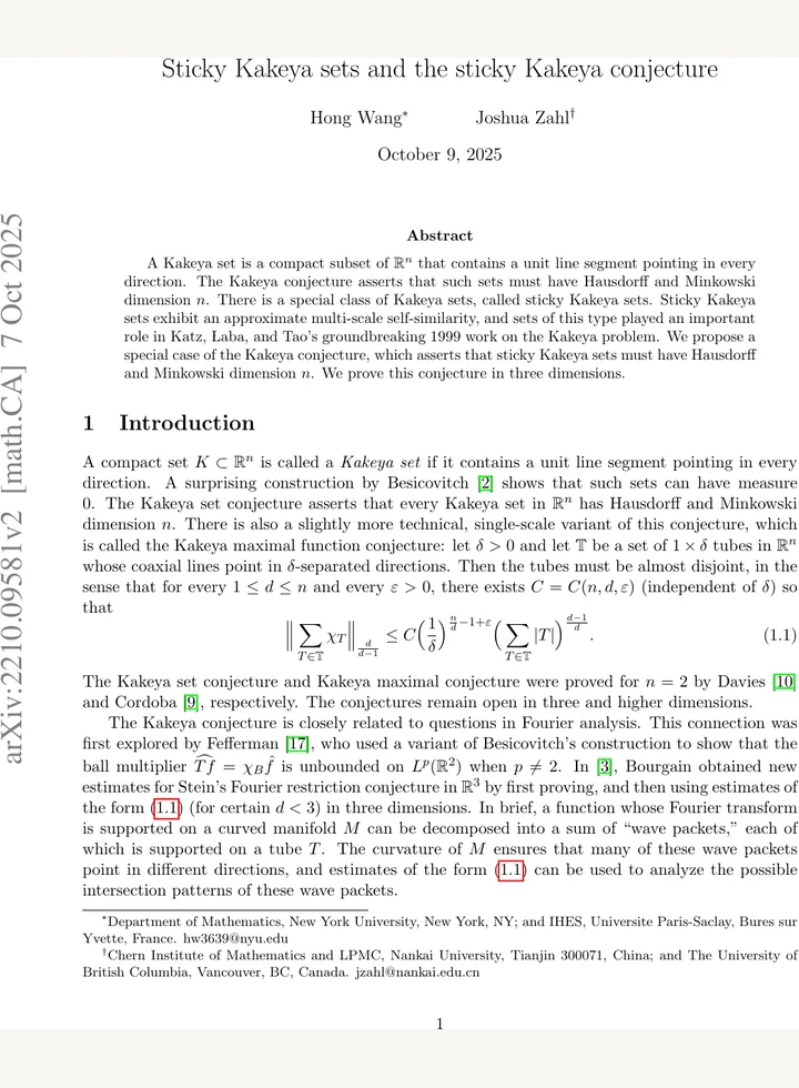 First page of Sticky Kakeya sets and the sticky Kakeya conjecture