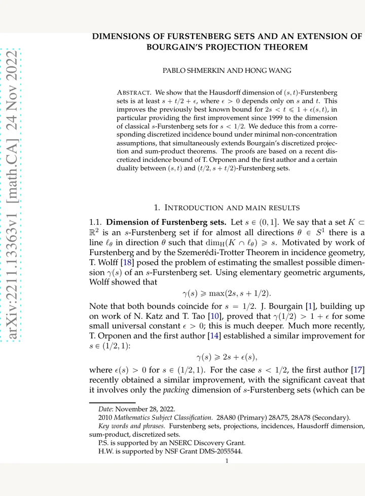 First page of Dimensions of Furstenberg sets and an extension of Bourgain's projection theorem