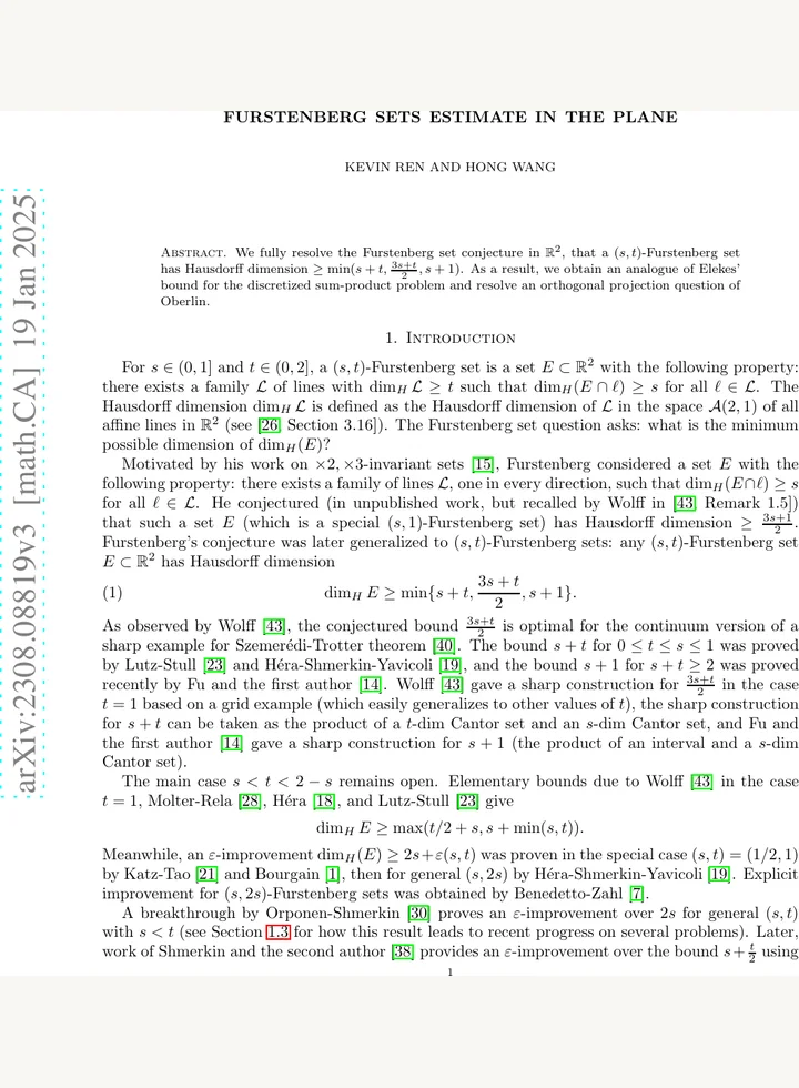 First page of Furstenberg sets estimate in the plane