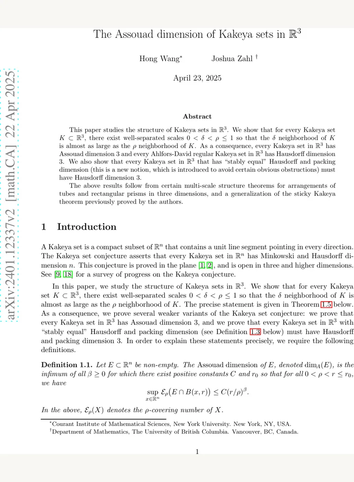 First page of The Assouad dimension of Kakeya sets in R³