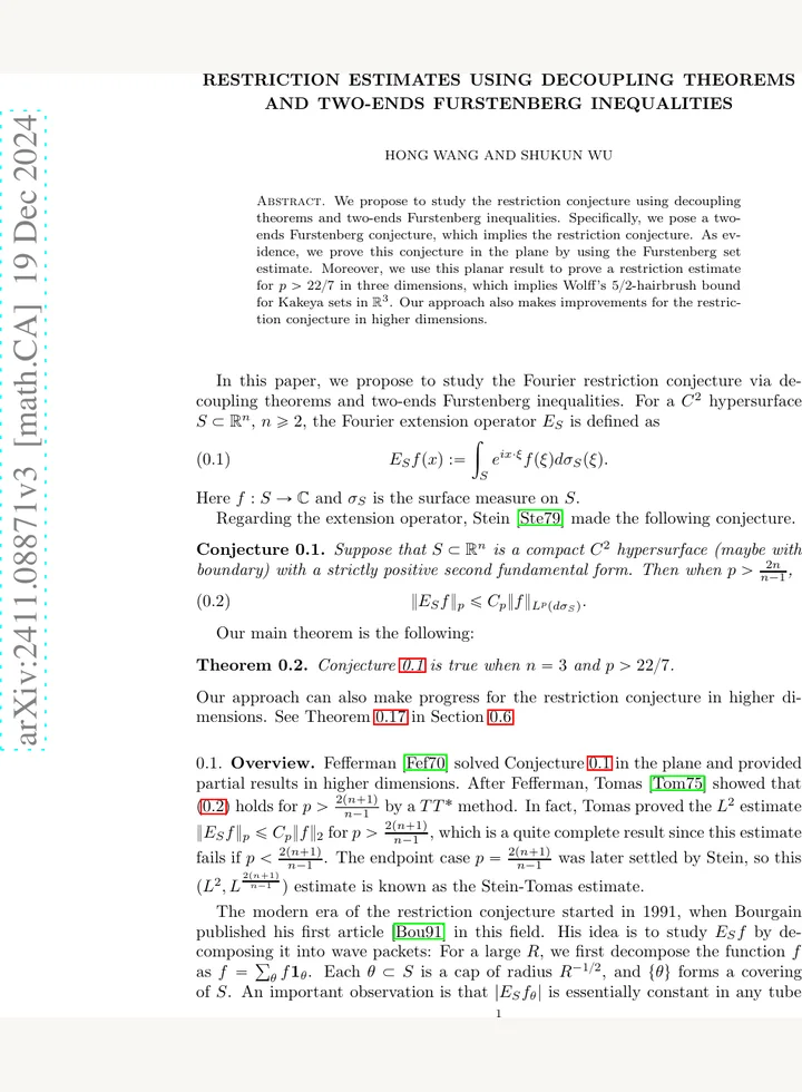 First page of Restriction estimates using decoupling theorems and two-ends Furstenberg inequalities