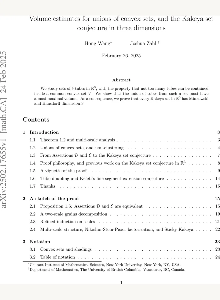 First page of Volume estimates for unions of convex sets, and the Kakeya set conjecture in three dimensions
