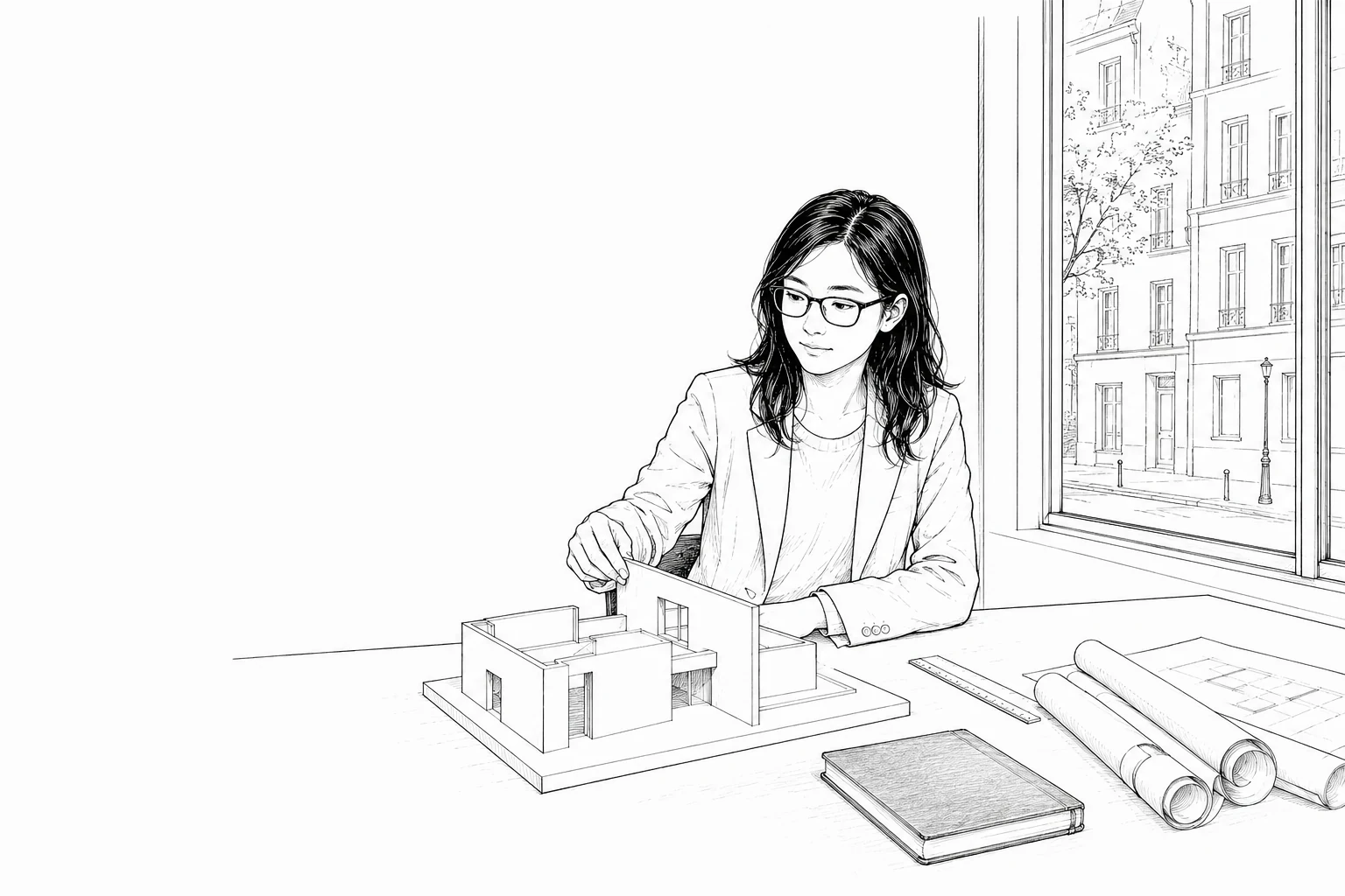 Line illustration of Hong Wang adjusting an architectural model in a Paris studio
