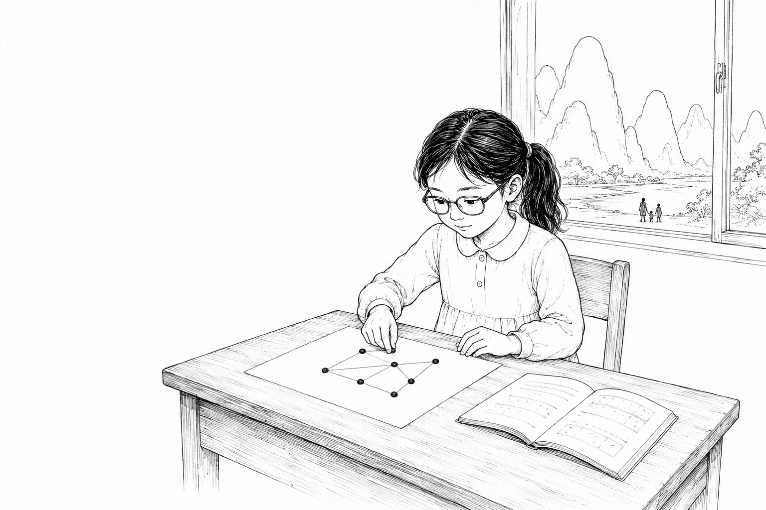 Line illustration of a young Hong Wang arranging seven dots at a desk in Guilin