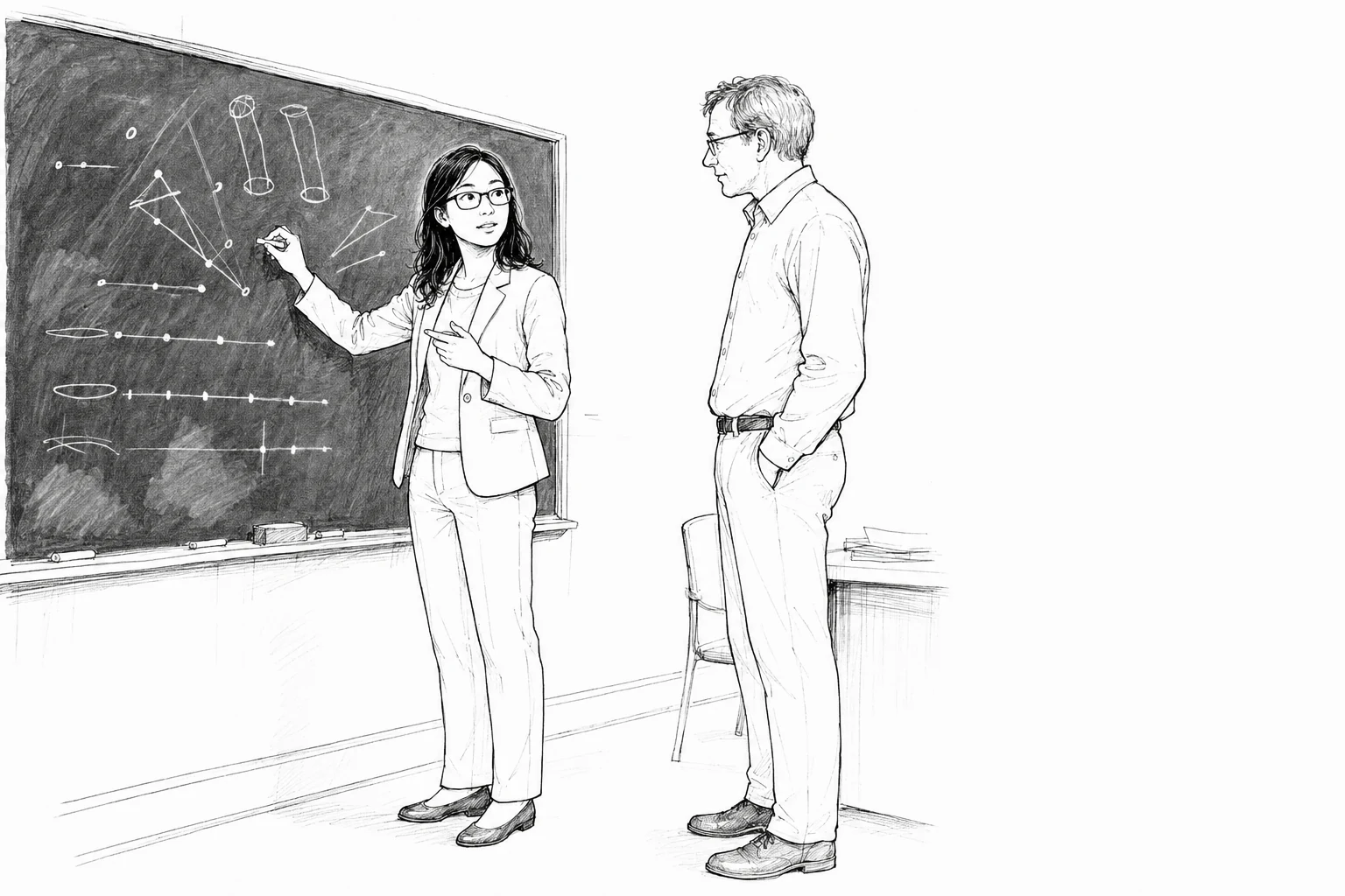 Line illustration of Hong Wang explaining geometric sketches to Larry Guth at a blackboard