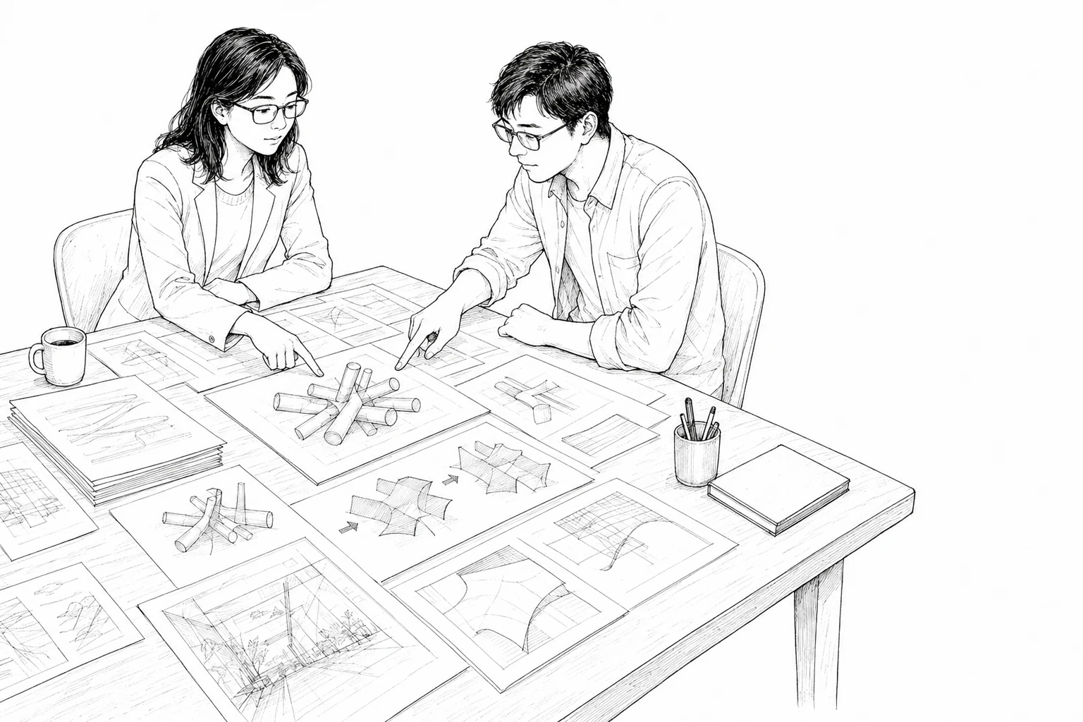 Line illustration of Hong Wang and a collaborator comparing Kakeya tube diagrams across a table