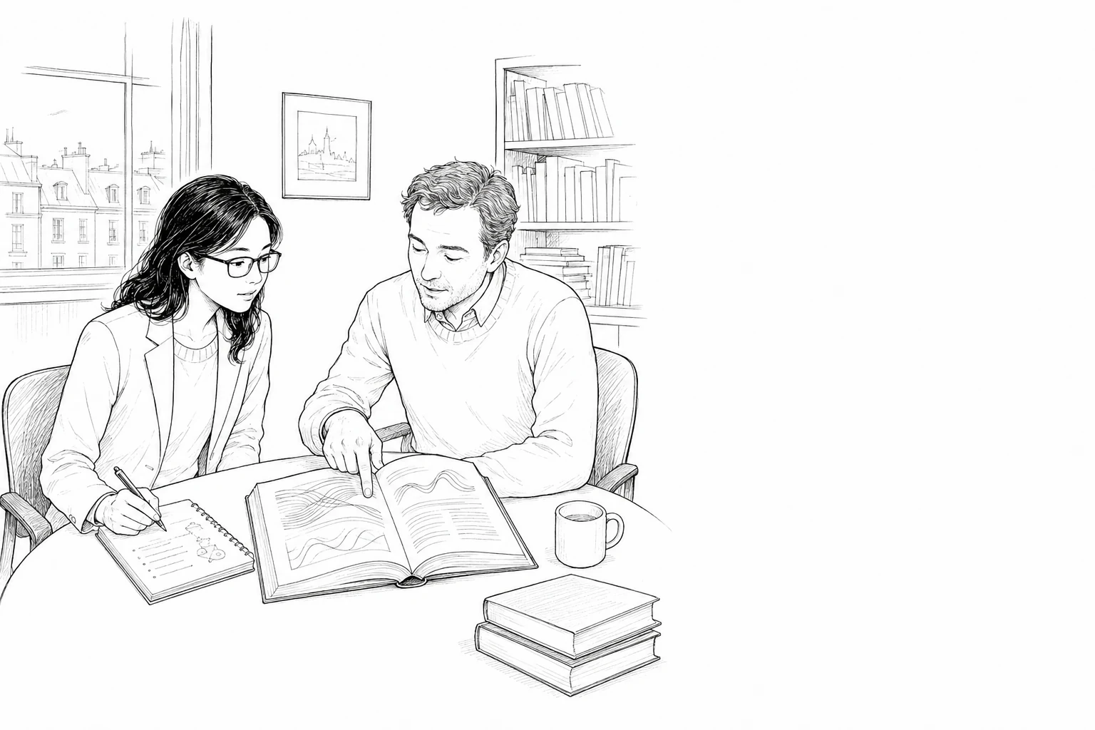 Line illustration of Hong Wang and Yvan Martel reading a mathematics book together