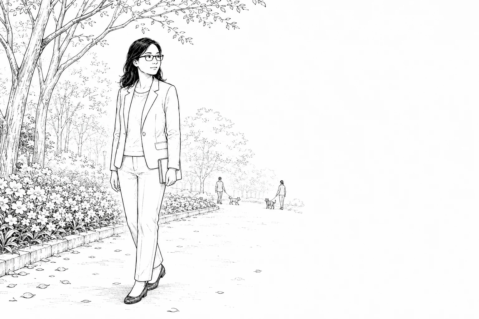 Line illustration of Hong Wang walking among trees and flowers with a notebook
